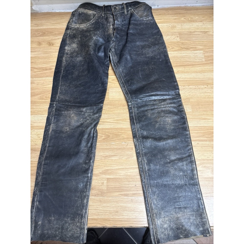 German Leather Button Fly Moto Pants Brown Distressed Men's 32x33